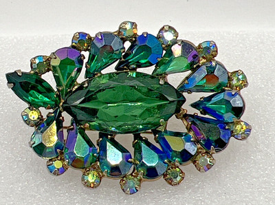 Jy24- Vintage Signed Garne Jewelry Aurora Borealis Rhinestone Brooch Green WOW