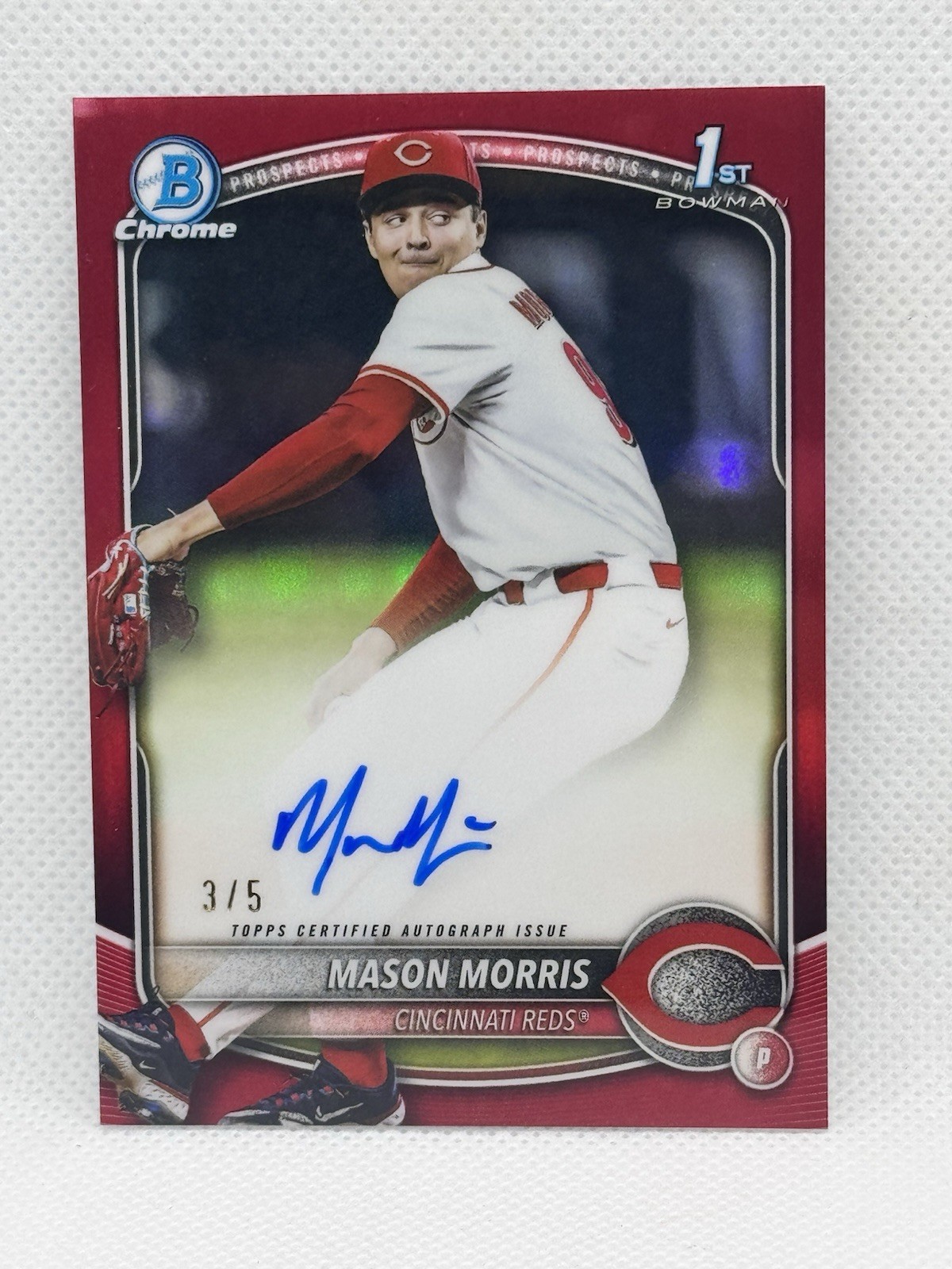 2025 Bowman Draft Mason Morris Chrome True Red Refractor 3/5 1st Auto Reds