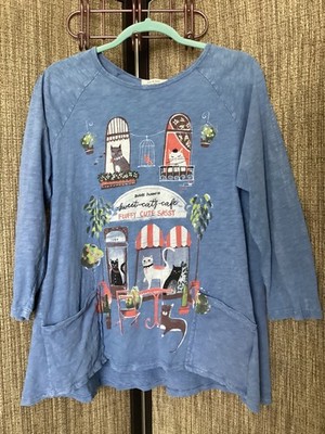 Jess & Jane Cats Cafe Lagenlook Art Tunic Top USA Made Soft Cotton Sz M