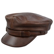 Men's Leather Greek Fisherman Sailor Fiddler Driver Hat Flat Cap Medium Brown