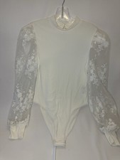 Bodysuit Women s White Ribbed floral embroidered Gonza puff sleeves