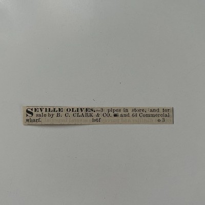 B. C. Clark & Co. Seville Olives 1860 Boston Clipping TAJ7-S69