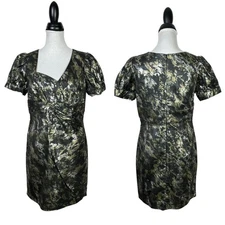 Voom by Joy Han L Black Metallic Puff Sleeve Asymmetrical Neck Cocktail Dress