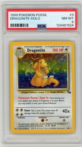 1999 POKEMON FOSSIL #4 DRAGONITE-HOLO PSA 8