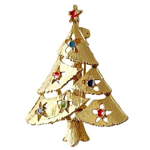 Vintage Eisenberg Ice Enamel Christmas Tree Brooch Pin - Gold Tone ~ 1.5"
