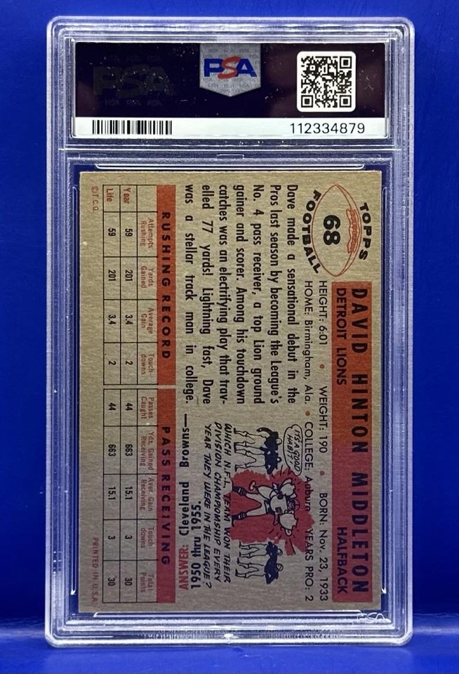 1956 Topps Football #68 Dave Middleton Detroit Lions PSA 4.5 VG-EX+ - Image 2 of 2