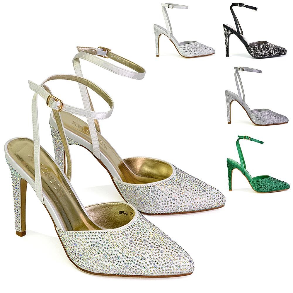 Zapatos de novia de diamante con tiras para mujer tacones de aguja de boda de satén 3-8