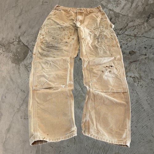 Carhartt Men's Carpenter Pants Double Knees Tan Distressed W Paint Fade Size 28