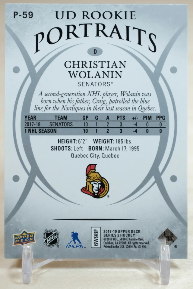 2018-19 Upper Deck UD Portraits Rookies Christian Wolanin #P-59 Rookie - Image 2 of 2