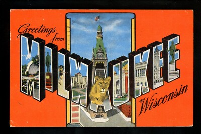 Large Letter Linen postcard  Milwaukee Wisconsin WI E C Kropp 1397N lion statues