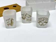 Peru Souvenir Shot Glass Set, new in box Frosted Glass Etched Gold Machu Picchu
