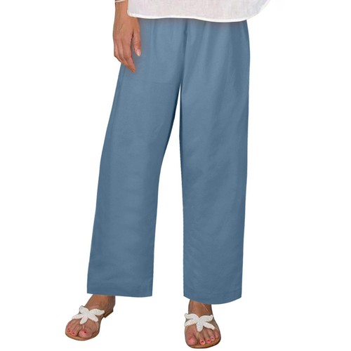 Women's Wide Leg Cotton Linen Pants Elastic High Waist Lounge Trousers Loose - Picture 3 of 54