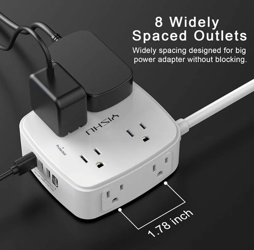 6 Ft Surge Protector Power Strip - 8 Widely Outlets with 4 USB Ports, 3 Side Out - Picture 3 of 7