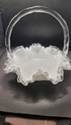 Fenton Art Glass Silver Crest Ruffled Milk Glass Basket Clear Bamboo Handle 8"