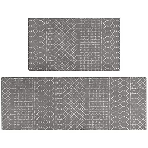 Boho Kitchen Mat Set of 2 Modern Farmhouse Rugs Non Slip Dark Grey
