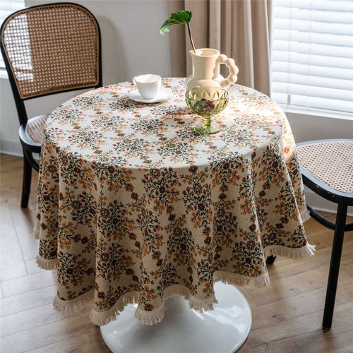 Round Tablecloth Vintage Print Tassel Tea Table Cloth Cover Dining Kitchen Decor - Picture 4 of 58