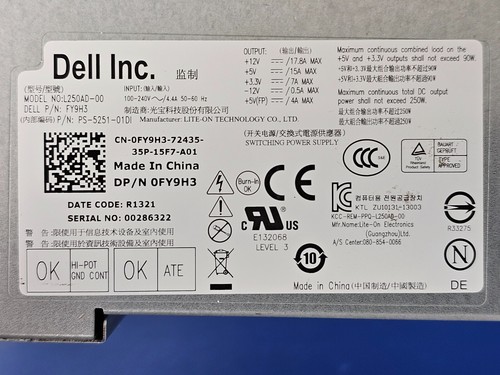 DELL L250AD-00 POWER SUPPLY 24 SATA 4 PINS 250 WATTS - Afbeelding 4 van 7