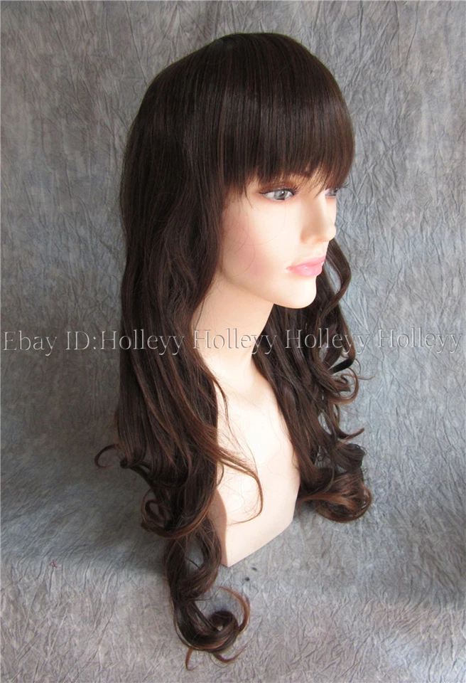Mujeres Niña Mezcla Marrón Clásico Largo Ondulado Rizado Flequillo Completo Cosplay Cabello Pelucas Completas Foto 3 de 4