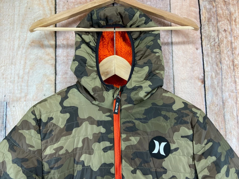 Hurley Quilted Full Zip Hooded Jacket Youth Boy's Large 12-13 Brown Camo Orange - Image 4 of 4