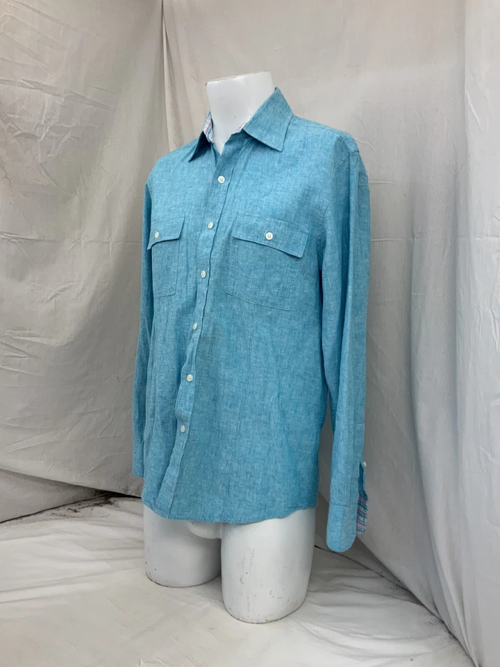 Camisa Report Collection M Azul Abotonada Lino Algodón Manga Larga Como Nueva YGI P1-75 Foto 4 de 4