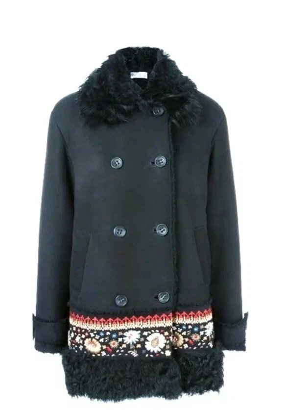 RED valentino double breasted emroidered coat lamb skin/fur