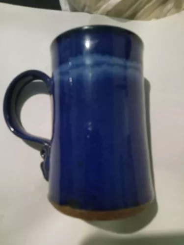 VINTAGE STONEWARE BLUE, NAVY AND 4 CUPS 4IN 2.5 TOP GLAZED MUG SIGNED 