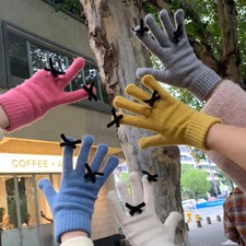 Warm Mittens Bow Decorate Winter Women Anti Cold Knitted Gloves Fluffy Cute  