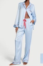 Victoria's Secret Women's Satin Long Pajama Set Blue Satin Red Trim XXL NWT