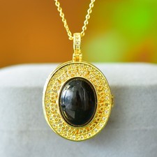 18K Gold Plated Inlaid Hetian Green Jade Sachet Box Pendant Necklace