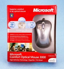 New Microsoft Comfort Optical Mouse 3000 Magnifier Tilt Wheel Model 1043 PC Mac