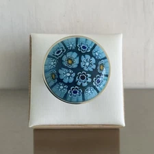 Blue w/Daisies Round Murano Millefiori Style Glass Ring Stainless Steel 6, 7, 8