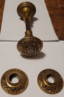 RARE 1885? Brass Bronze Eastlake Mallory Wheeler? Door Knobs & Bar Set COMPLETE