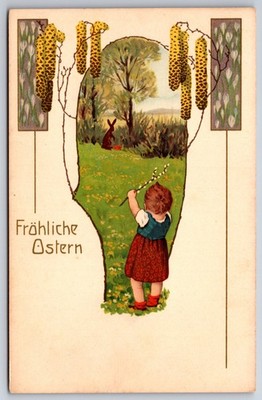 Easter~Lil Girl Waves Pussy Willow Branch At Rabbit~Art Nouveau ...