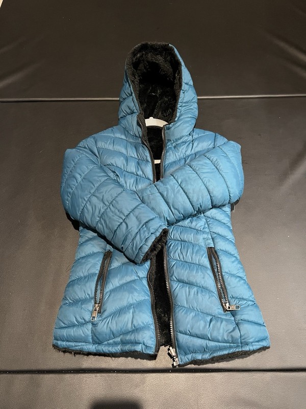 Steve Madden Kids Puffer Coat W/ Faux Fur Hood Small 7/8 Teal Black Reversible