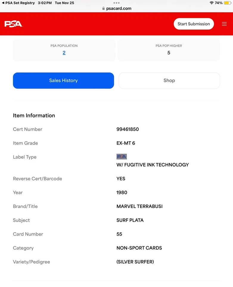 1980 marvel terrabusi #55 silver surfer; surf plata SP super heroes PSA 6 - Image 3 of 3