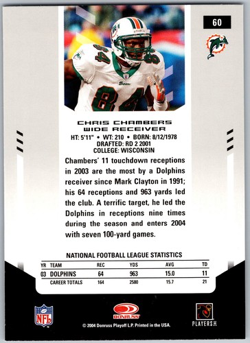 Tarjeta de fútbol de los Miami Dolphins de Chris Chambers de 2004 Leaf Certified Materials 60 - Imagen 2 de 2