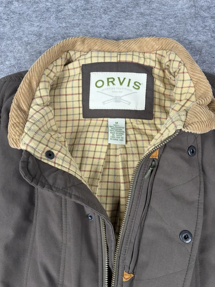 Chaleco Orvis Hombres M Acolchado Forrado a Cuadros Cuello Pana Exterior Pesca con Mosca Caza Foto 2 de 4