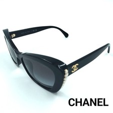 CHANEL Sunglasses Black  Gold Asian Fit Coco Mark Faux Pearl Women's