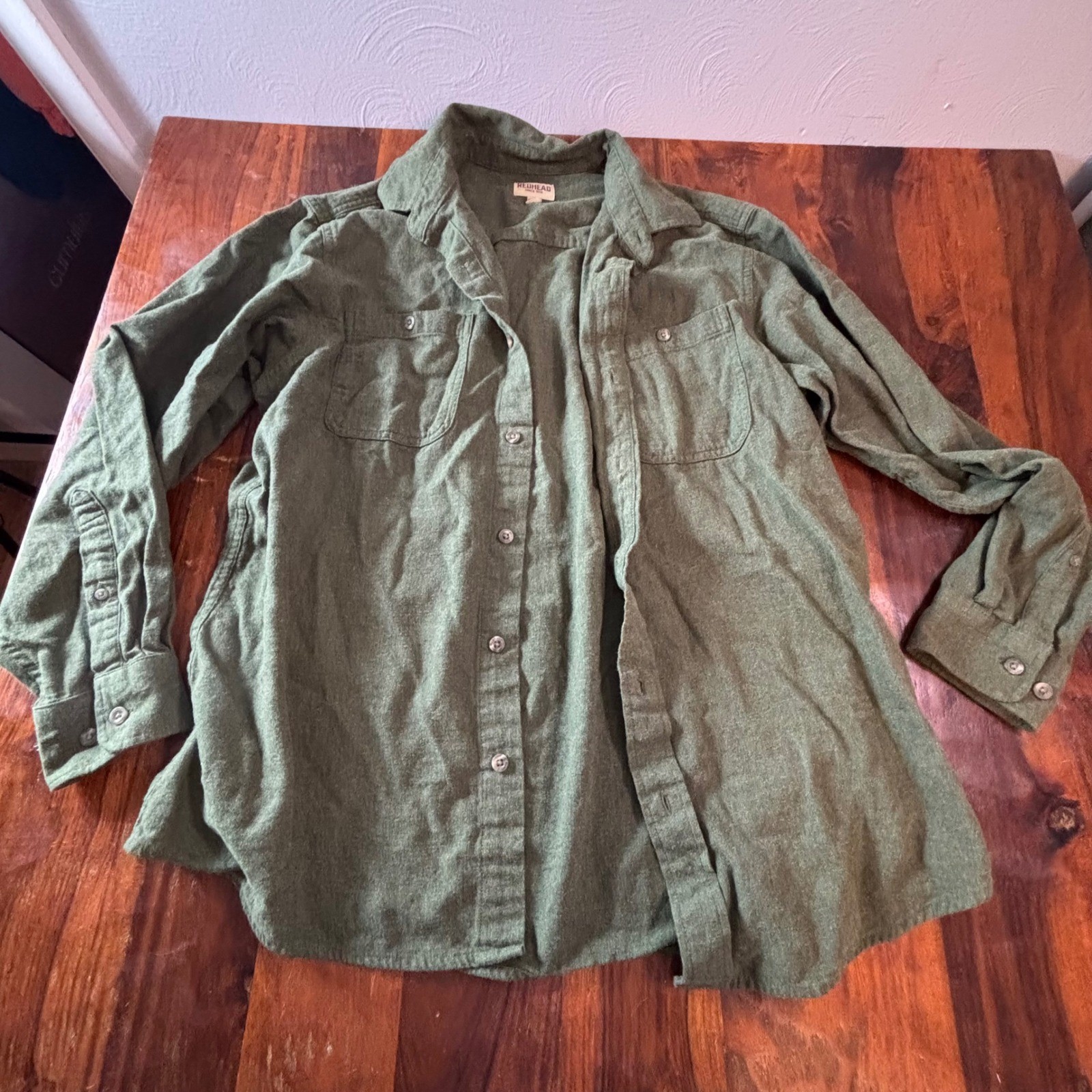 Redhead Mens Olive Green Flannel Button Down Shirt Cotton Long Sleeve Large