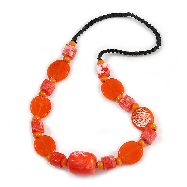 Chunky Resin and Ceramic Bead Black Cotton Cord Necklce in Orange - 64cm L