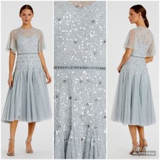 NWT Mac Duggal 93655 CAP SLEEVE BEADED TEA LENGTH A-LINE DRESS Blue 6