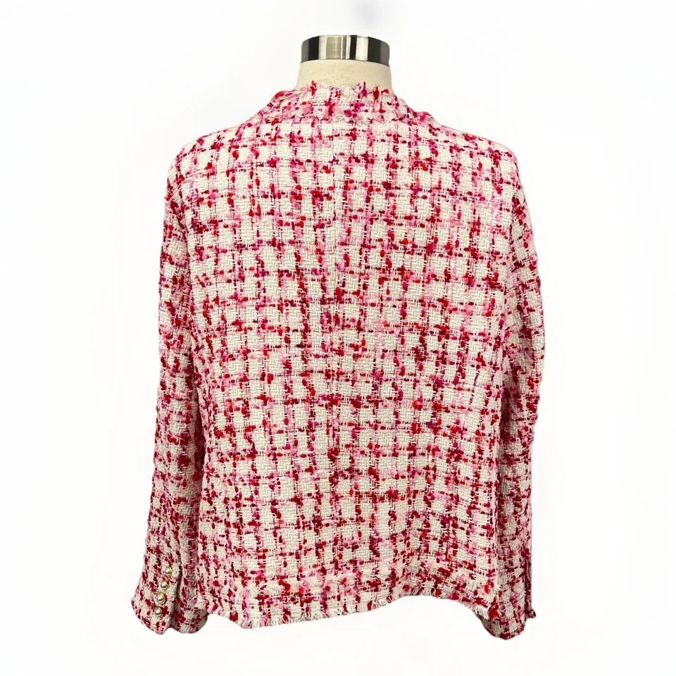 NUEVO CON ETIQUETAS Nanette Lepore Dalston Boucle Rosa Rojo Tweed Blazer Imitación Perla Chaqueta Talla 12 Foto 2 de 4