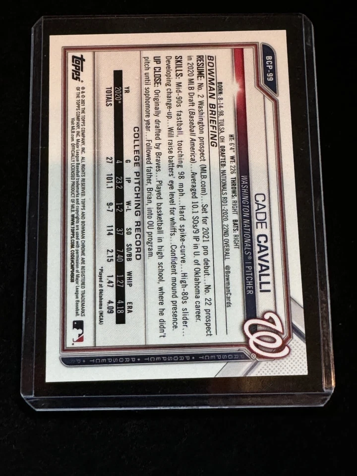 2021 Bowman Chrome Sapphire Cade Cavalli BCP-99 Yellow Refractor 13/50 - Image 2 of 3