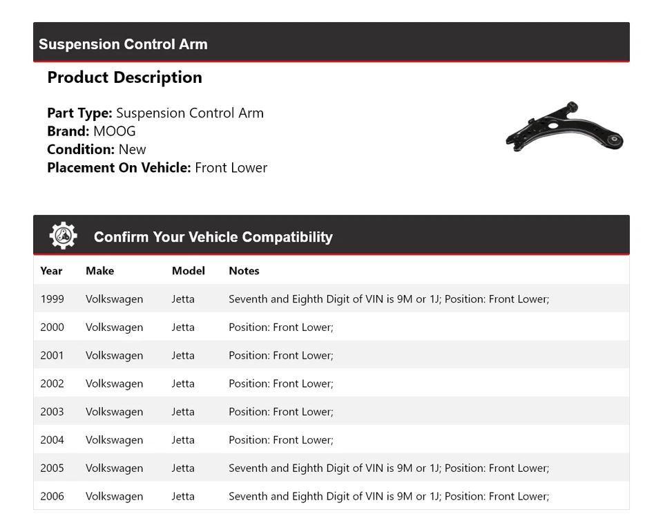Braço de controle dianteiro inferior MOOG 1999 2000 para 1999-2006 Volkswagen Jetta suspensão - Imagem 2 de 4