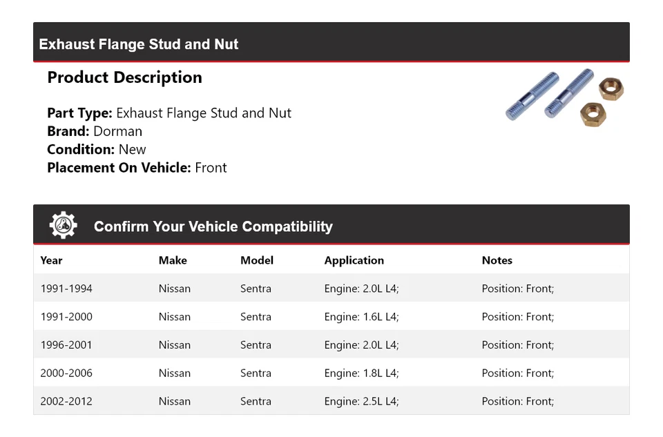 Para Nissan Sentra Dorman 1991-2012 brida de escape perno y tuerca delantera 1992 1993 Foto 2 de 3