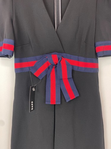 Gucci Black Red Blue Trim Puff Sleeve Short Dress V Neck Zip Back Sash XS - Picture 4 of 19