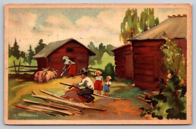 Postcard Art Finland c1936 Farm  Family Doing Chores 42E
