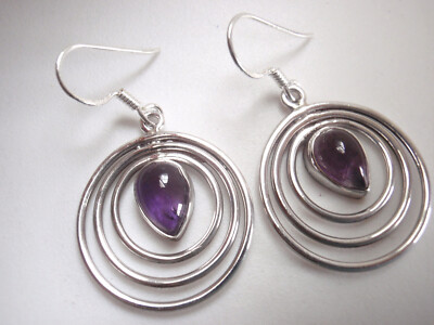 Amethyst Teardrop in Concentric Circles 925 Sterling Silver Dangle Earrings