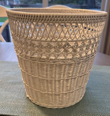 Vintage Wicker Trash Waste Basket Container Woven Rattan 10H X 10W White