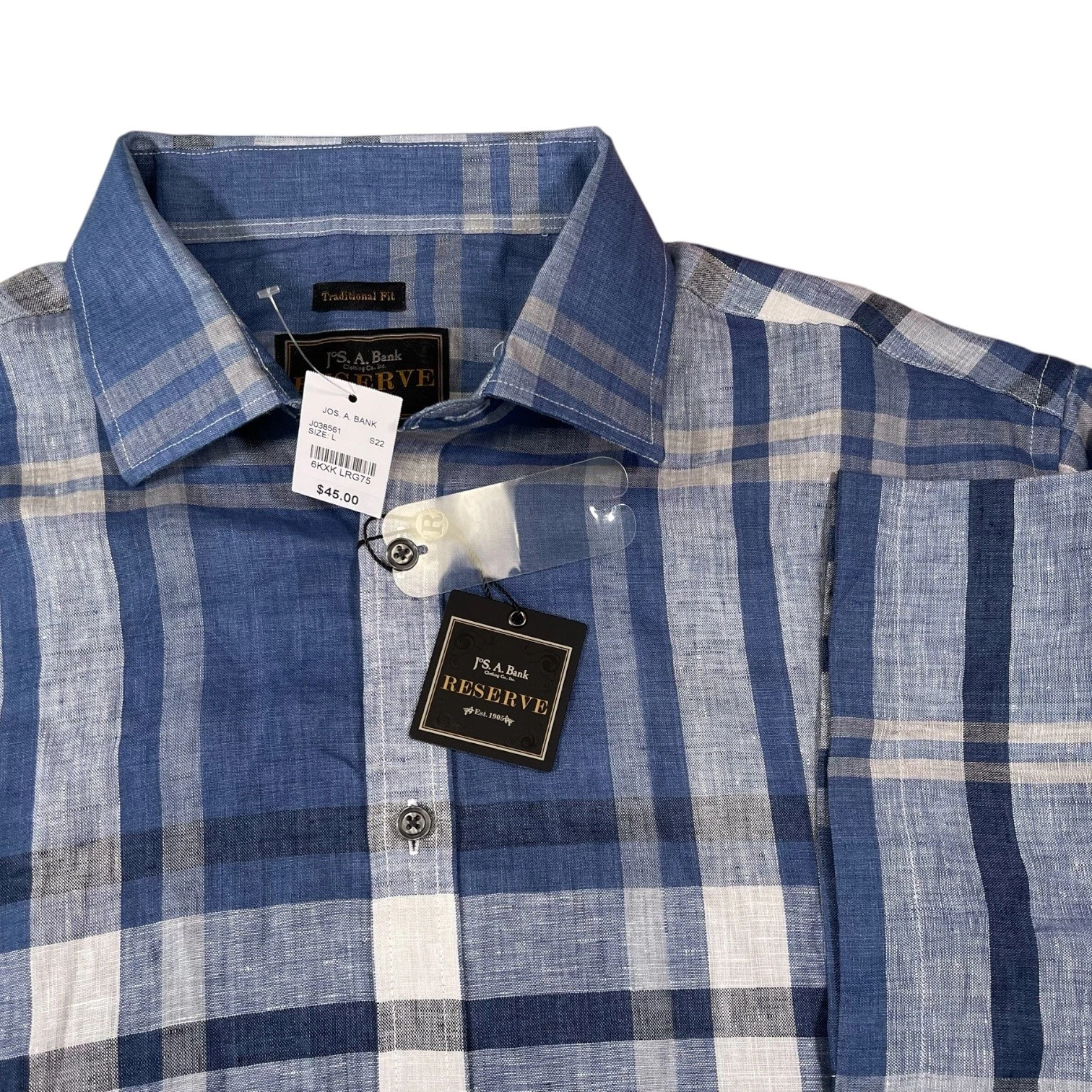 Jos. A. Bank L Blue Plaid Button Up Shirt Reserve Traditional Fit Linen Coastal